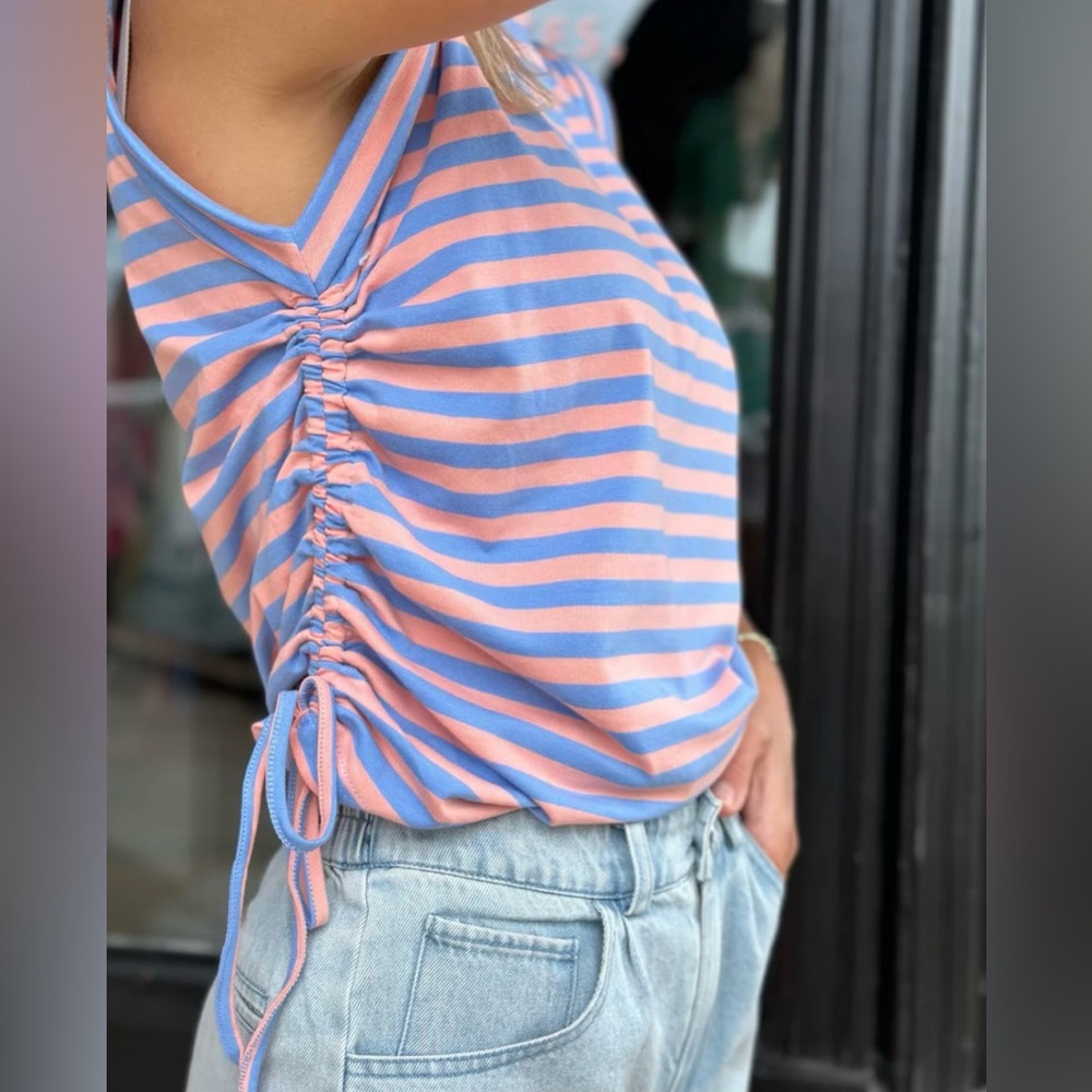 Tank with Peach and blue stripes with tie details on the side